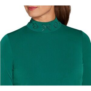 Susan Graver 3X Artisan Liquid Knit‎ Embellished Mock Neck Tunic Top Green NWT